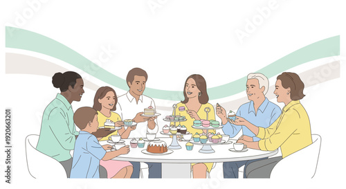 Family Gathered Around Table Enjoying Desserts, Beverages, And Each Other's Company