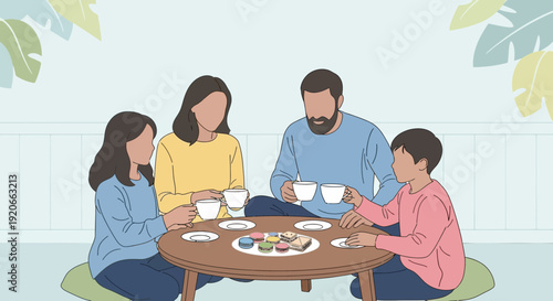 Family Gathered Around Table Enjoying Teatime and Light Snacks Together in A Quiet Room