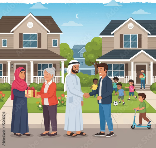 Diverse Neighbors Greeting Each Other on Street.