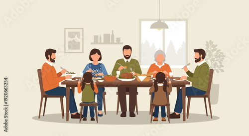 Family Mealtime Together: A Warm And Heartfelt Illustration Of Shared Moments