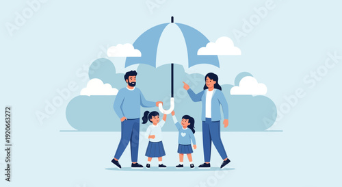 Family Shielded Under Umbrella Illustration Shows Protection and Parental Care