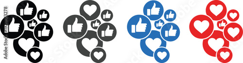 Social media like and love icons in different colors