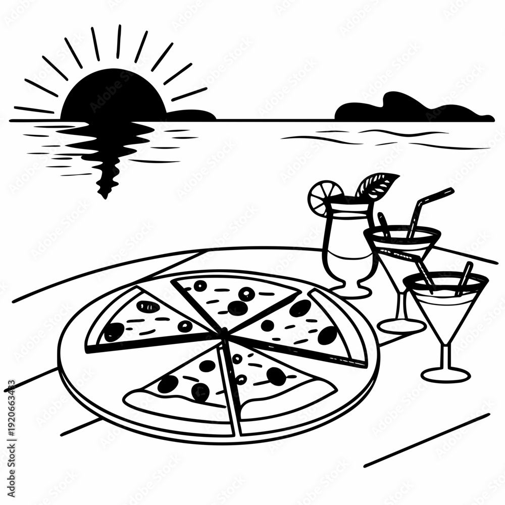 Fototapeta premium Vector illustration design of a black silhouette man with umbrella combined with pizza and symbolic clock elements concept art