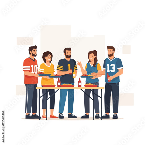 Gathering Friends Enjoying Food at an Outdoor Party with Team Jerseys and Shared Meals