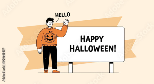 Festive Halloween Greeting: A Cheerful Character Announces Happy Halloween With Pumpkin Theme