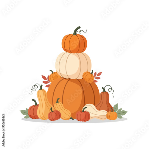 Festive Pumpkin Display: A Towering Arrangement of Autumnal Gourds and Foliage