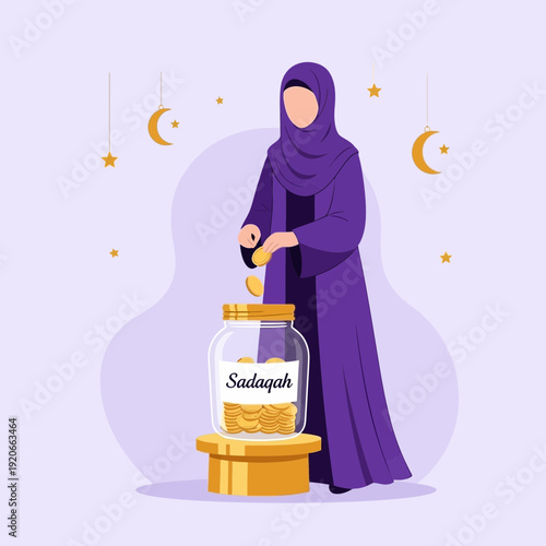 Generosity And Charity During Ramadan Islamic Woman Donating Coins To Sadaqah Jar