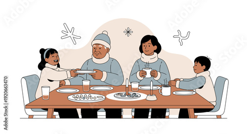 Generations Gather For A Cozy Winter Meal And Warm Drinks