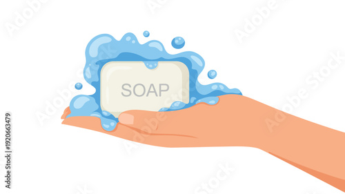 A hand holding a bar of soap with water splashing around it in a minimalist digital illustration style