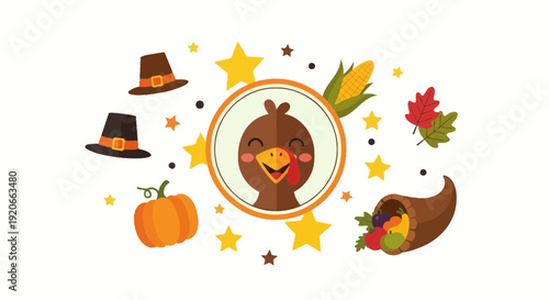 Festive Thanksgiving Illustration Featuring Turkey, Pilgrim Hats, Pumpkin, and Harvest Cornucopia
