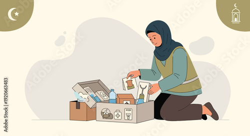 Generosity In Action Woman Assembling Aid Package For Community Support