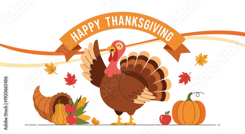 Festive Thanksgiving Illustration Featuring A Turkey, Cornucopia, And Pumpkin