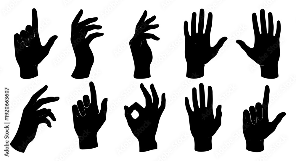 Fototapeta premium Various hand gestures for communication and expression in black silhouette