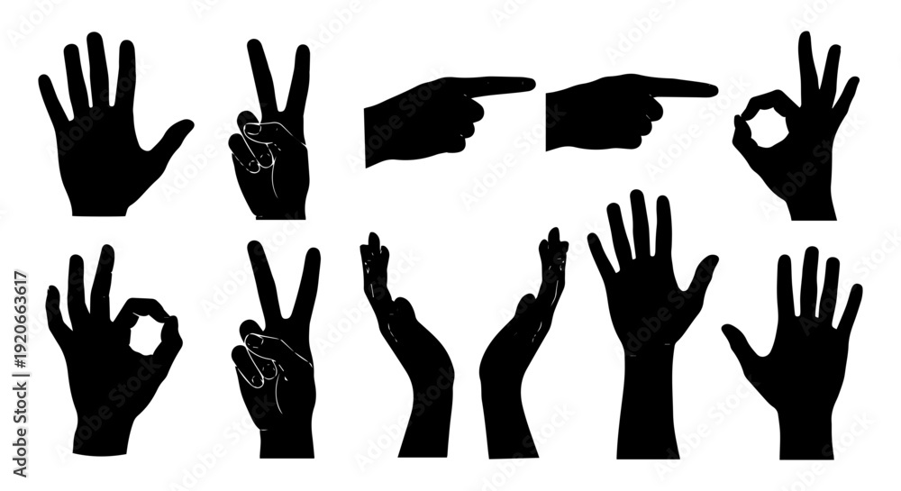 Fototapeta premium Collection of various hand gestures in black silhouettes