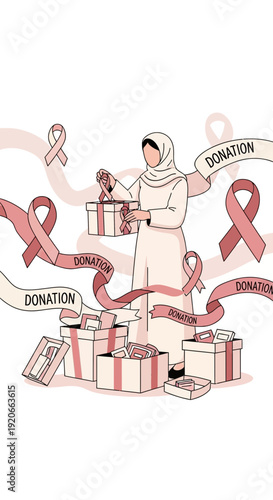 Generous Woman Packs Donation Gifts With Pink Ribbons Symbolizing Hope