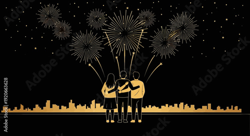 Friends Watching A Spectacular Fireworks Display Over City Skyline Silhouettes