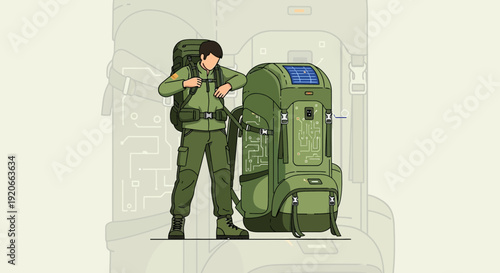 Futuristic Explorer Preparing Equipment, High-Tech Backpack, Digital Nomad Adventure Concept