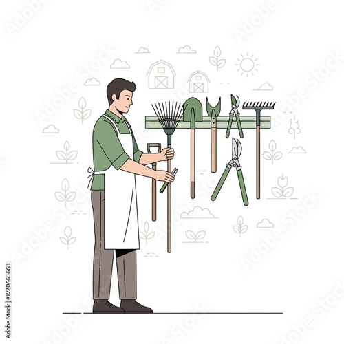 Gardener Preparing For Outdoor Work With Essential Tools On Display