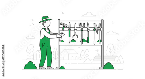 Gardener Retrieving a Gardening Tool to Commence Cultivating The Garden, Line Art