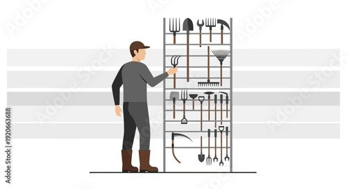 Gardener Selecting Tools From Rack Agriculture Equipment Selection For Work