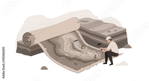 Geologist Studying Ancient Map and Sedimentary Layers Reveals Geological Secrets