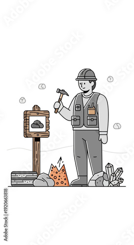 Geologist Enthusiast Examining Mineral Deposits with Hammer