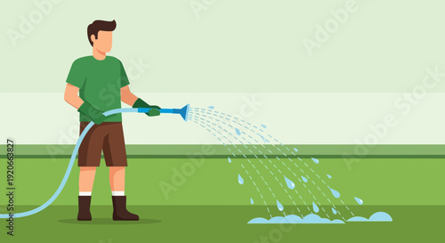Gardener Waters Lawn With Hose During Sunny Day Refreshing Green Grass Outdoor Activity
