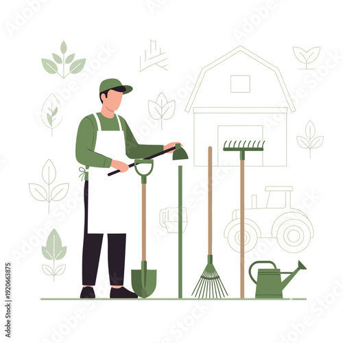 Gardener With Tools And Farm Equipment In Stylized Illustration