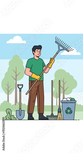 Gardening Enthusiast Preparing for Outdoor Yard Work with Tools Ready