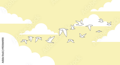 Graceful Flock Migration Across A Serene Yellow Sky