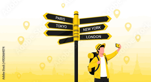 Global Explorer Captures Moment Amidst Directional Signpost Of World Cities