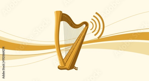 Golden Harp With Sound Waves Illustration Abstract Background
