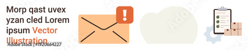 Email notifications, logistics management, courier services, document sharing, e-commerce, postal operations. An envelope with an alert icon and a clipboard. Email notifications and logistics
