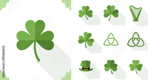 Green Clover Collection Saint Patricks Day Icons And Symbols Flat Design