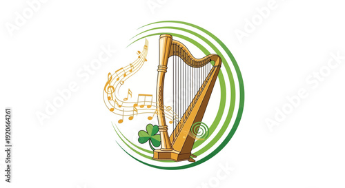 Golden Harp With Musical Notes And Shamrock Emblem