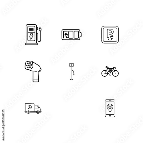 Electric vehicle infrastructure and EV charging station linear icon set, renewable energy transport vector symbols