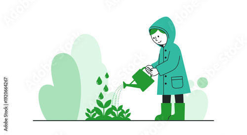Green Gardening With A Child In Raincoat Watering Plants