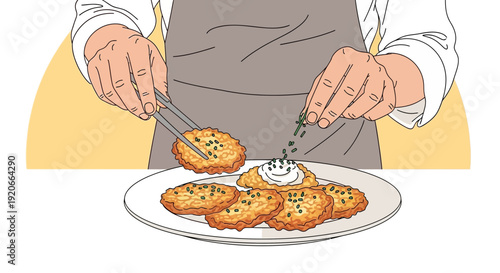 Gourmet Chef Garnishing Delicious Potato Pancakes With Fresh Herbs