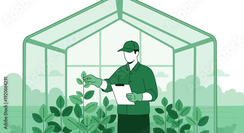 Greenhouse Farmer Inspecting Plant Growth With Clipboard Illustration