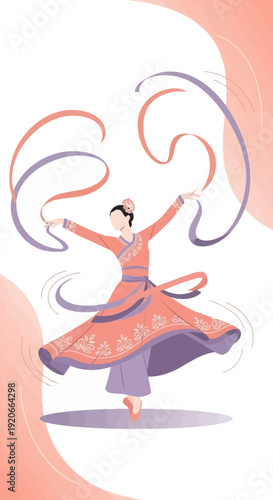 Graceful Asian Dancer With Flowing Ribbons Expressing Joyful Movement
