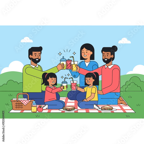 Happy Family Enjoying A Joyful Picnic Outdoors Together Under The Summer Sky