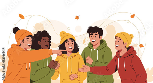 Group Of Friends Enjoying The Autumn Season Together With Vibrant Attire