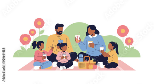 Happy Family Enjoying Outdoor Picnic Day With Refreshing Drinks And Snacks