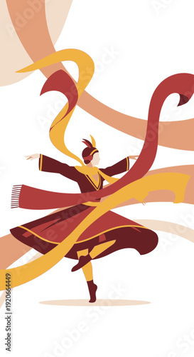 Graceful Dancer With Flowing Ribbons And Stylized Background