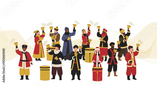 Group Of People Ringing Bells in Traditional Attire Celebrating a Special Occasion