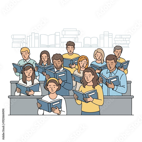 Group Of Students Immersed In Study, Reading From Books In A Well-Stocked Library