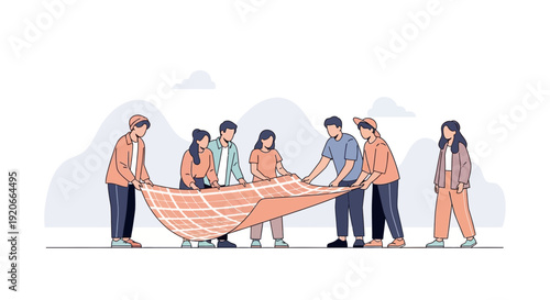 Group Unfolding Picnic Blanket Outdoors Preparing For Outdoor Activities