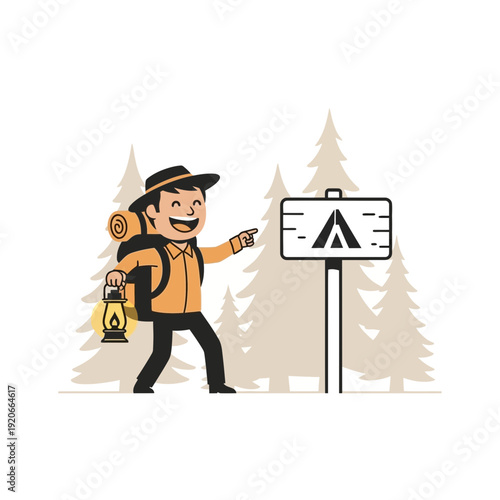 Happy Hiker With Lantern Points To Campsite Sign In Forest