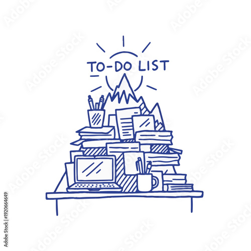 Mountain of tasks on office desk hand-drawn doodle for heavy workload organization to-do list and multitasking business concept