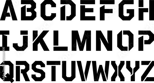 Stencil alphabet vector illustration set, bold uppercase A–Z letters in rugged industrial style with geometric cuts and angles